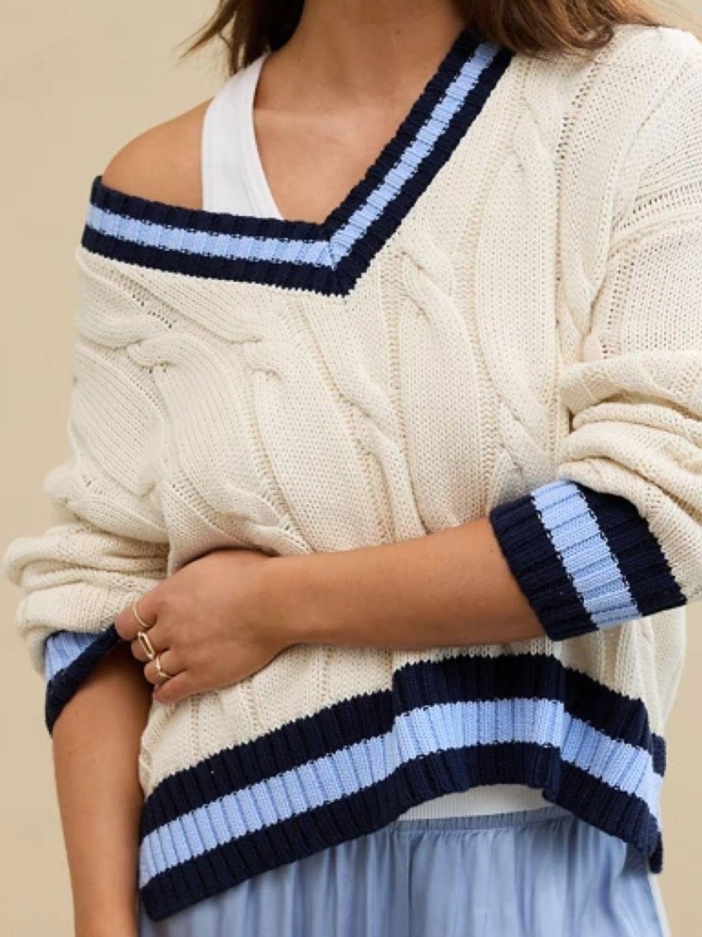 aerie Cream Cable-Knit V-Neck Sweater with Navy and Light Blue Trim
